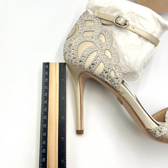 Badgley Mischka‎ Size 8 Roxy Jeweled Ivory Satin Open Toe Heels Pumps Shoes - Picture 13 of 13